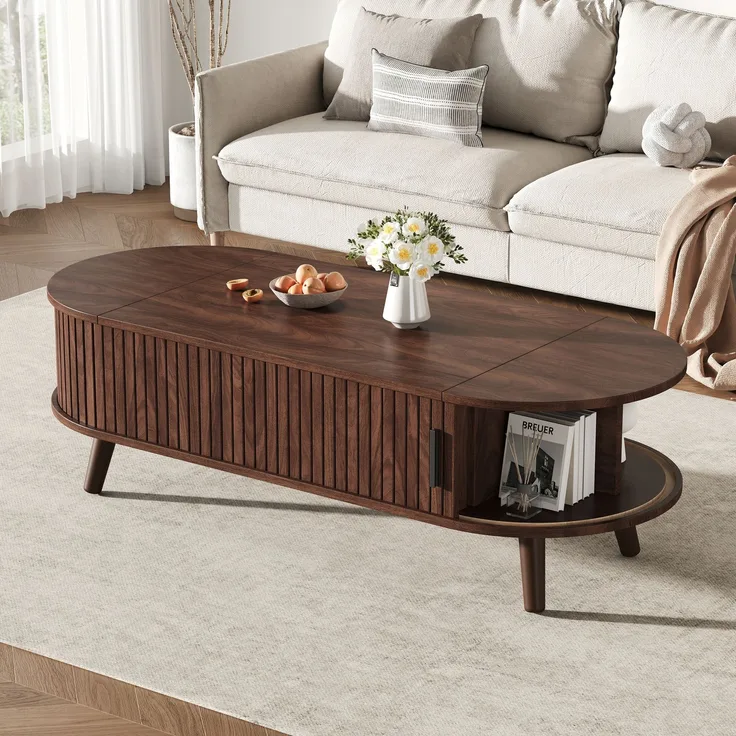 Abrihome Anhebbarer Couchtisch mit Stauraum und 5 Ablageflächen, Braun, 39x50x120 cm