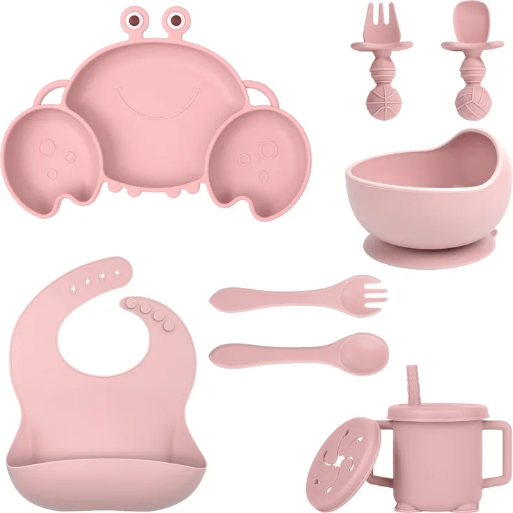 ABC Silikon-Babygeschirr-Set mit Saugnäpfen, 8-teiliges Set, Kinder-Essgeschirr-Set, beinhaltet rutschfeste Teller, Schüsseln, Becher, Löffel und Gabeln, BPA-frei (hellrosa)