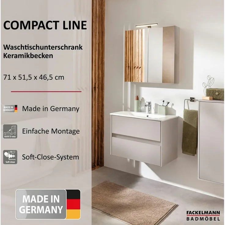 FACKELMANN COMPACT LINE Waschbecken mit Unterschrank 71 cm breit, Grau, Waschbecken Keramik Weiß, 2 Schubladen