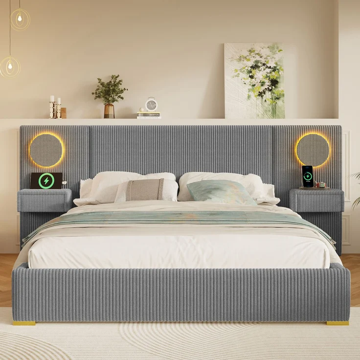 U-life Samtstoff Polsterbett 180x200 cm, fürs Schlafzimmer, USB-Anschlüssen, Samt, Grau – Bild 2
