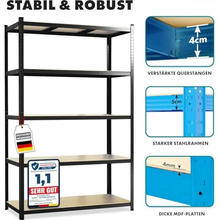 Floordirekt Schwerlastregal, 2er Set, schwarz 200 x 120 x 60 cm Steckregal, Kellerregal, Lagerregal, Werkstattregal, Werkbank - 5 verstellbare Böden (Lakota) – Bild 4
