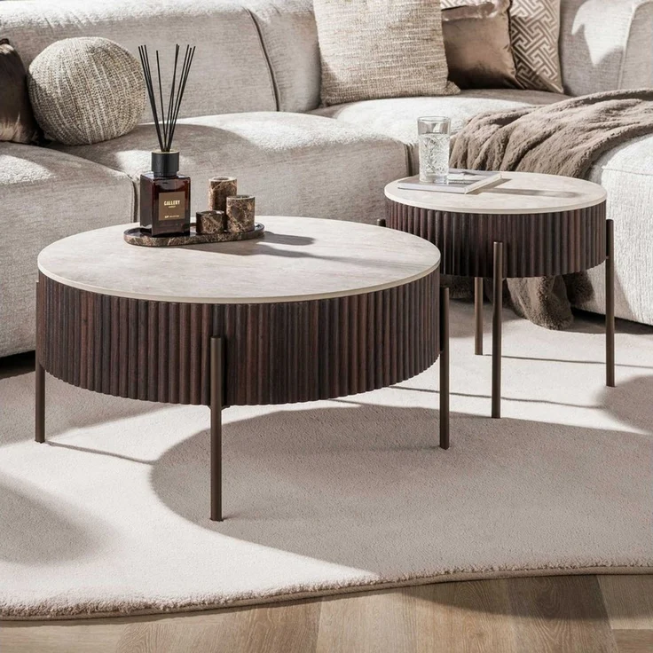 alesvelt Couchtisch CERAMO 2-teiliges Rundtisch-Set mit 3D-Keramikplatte & Wellen-Dekor (2er Set), Kratzfest, hitzebeständig, pflegeleicht – Bild 1