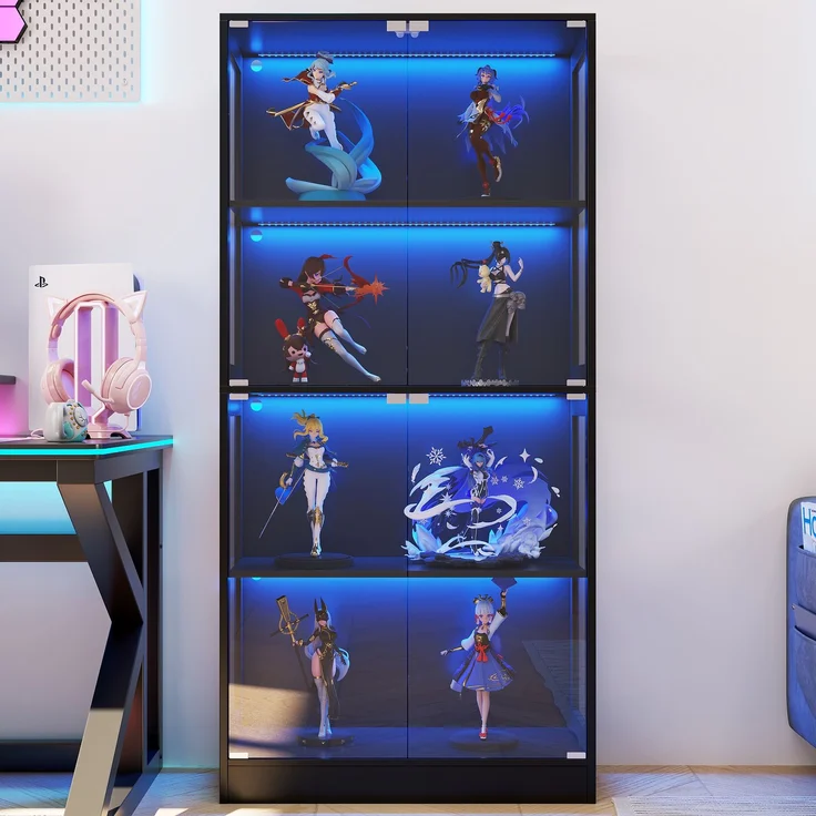 Merax 170 cm LED Vitrine, Glas Sammlungsvitrine Transparent, 4 Ebenen Stauraum, App-gesteuertes LED-Licht, Push-to-Open Türen, Vitrine für Figuren & Modelle, Schwarz – Bild 5