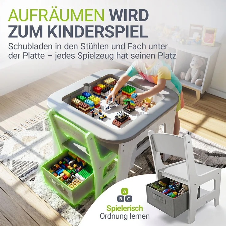 Juskys 'Milou' Kindersitzgruppe - Set mit 2 Stühlen & 1 Tisch, mit Stauraum, Holz, Grau – Bild 3
