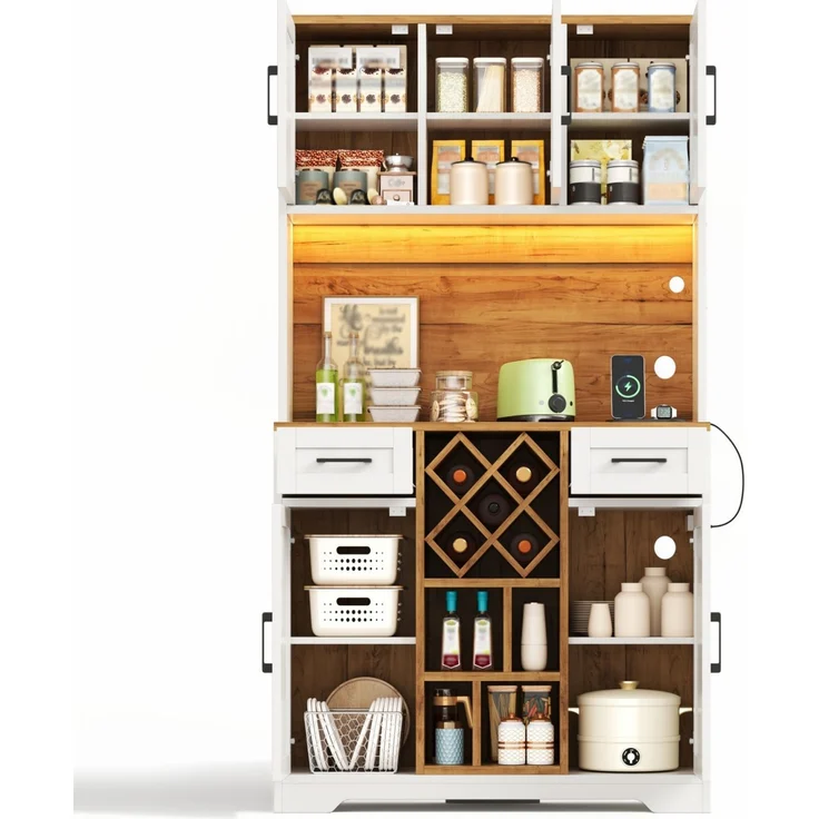 ZUBALIYA hoher Stauraumschrank mit LED-Beleuchtung / Vorratsschrank mit Weinregalen, mit weinschrank & Vitrinenschrank für Wohnzimmer und Esszimmer, 180 x 105 x 40 cm, fürs Wohnzimmer, mit Schubladen – Bild 9