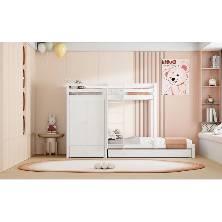 Bett Etagenbett mit Ausziehbett 90x200 cm, Massivholz in Weiß, mit Kleiderschrank, Schubladen und Ablage, ohne Matratze – Bild 9