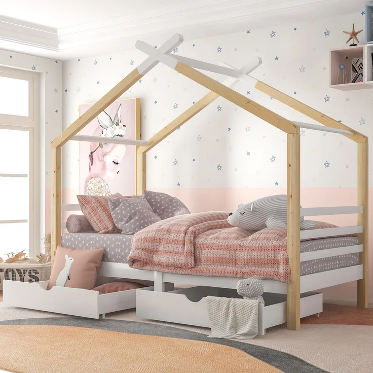 Merax Kinderbett Hausbett mit Schubladen, Massivholz mit Lattenrost, Kiefernholz Hausbett , Kinder und Jugendzimmer, weiß+holzfarbe (90x200cm) – Bild 2