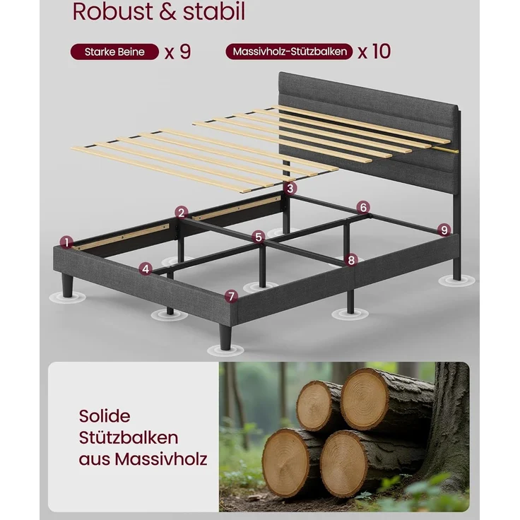 VASAGLE Doppelbettgestell, Bettgestell, passend für 160 x 200 cm Matratze, verstellbares gepolstertes Kopfteil, Bettrahmen, Metall, Massivholz – Bild 5
