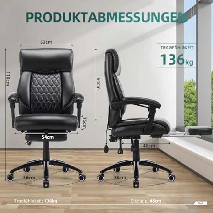 COLAMY Ergonomischer Chefsessel mit Fußstütze, gepolsterten Hochklapparmen und Kippverstellung für langes Arbeiten im Homeoffice, Schwarz – Bild 4