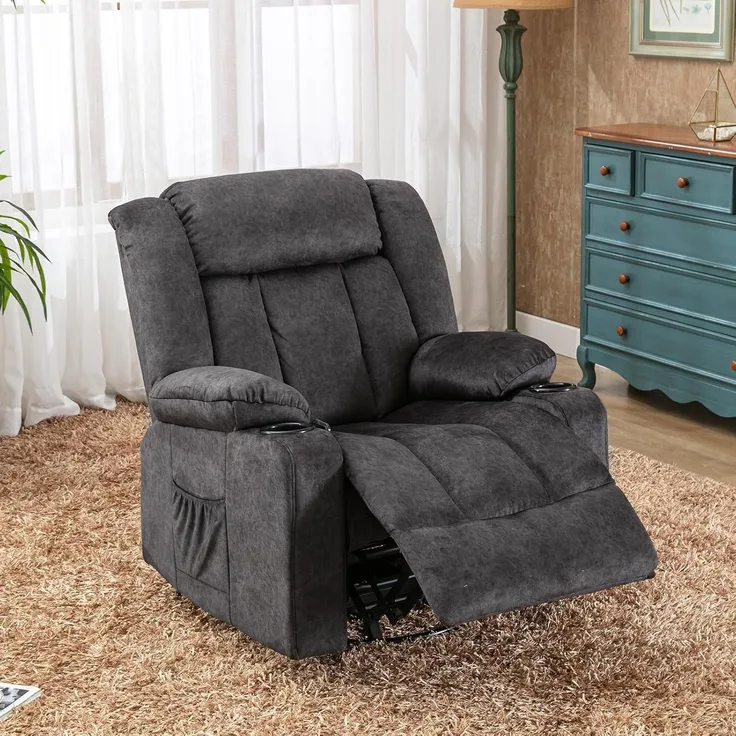 COMHOMA Manueller Drehbarer Relaxsessel für Erwachsene mit Verstellbarer Rückenlehne und Fußstütze, 360° Lounge Sessel für Wohnzimmer, Getränkehalter, Seitentaschen, Weicher Stoff, Ergonomisch, Grau