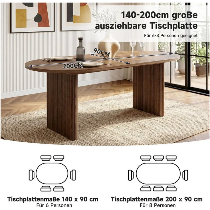 HAUSS SPOLE Esstisch Ausziehbar,für 6–8 Personen,Küchentisch abgerundeten Ecken,Nussbaum (Wohnzimmertisch Ausziehtisch mit abgerundeter Kantenstruktur), 140/200 * 90 cm – Bild 4
