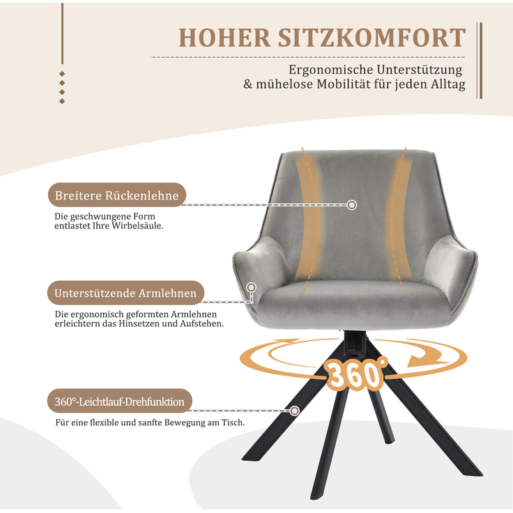 GOEURVANT 2178 Esszimmerstühle 2er-Set mit Armlehnen, 360° Drehbar, Wippfunktion, Samt - Hellgrau – Bild 7