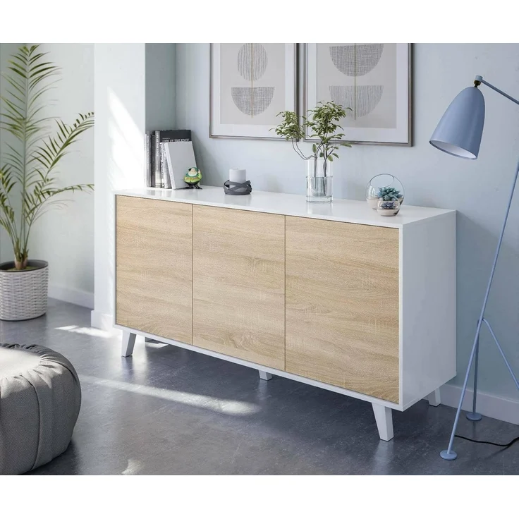 Dmora - Anrichte Arvada, Modernes Sideboard mit 3 Türen und Einlegeböden, Küchenbuffet, Wohnzimmer-Design-Buffet, 154x40h75 cm, Weiß und Eiche – Bild 1
