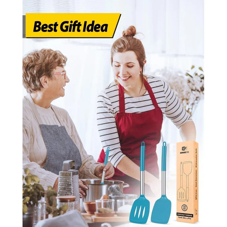 Silikon Pfannenwender robust antihaft hitzebeständig BPA-frei blau 2er Set – Bild 7