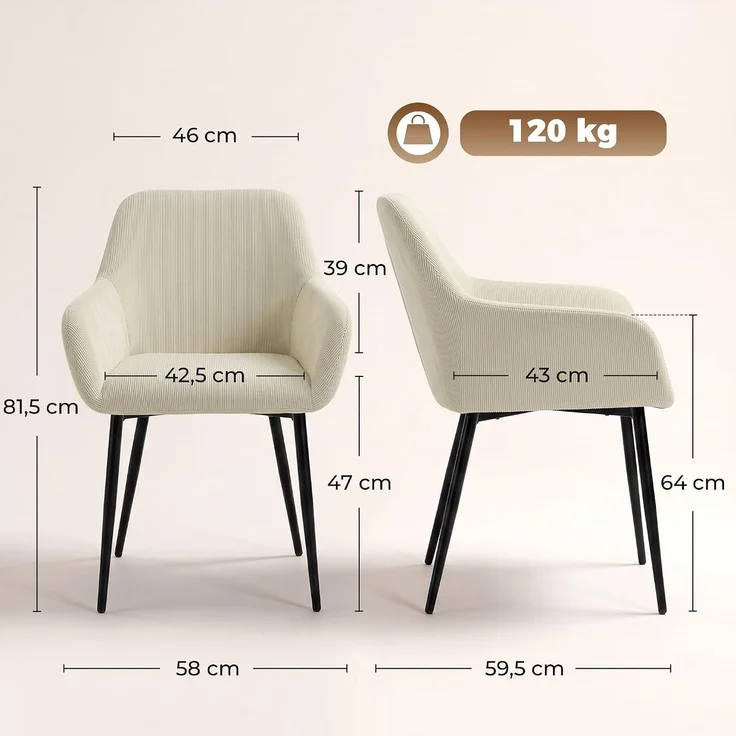 HOMCOM Esszimmerstuhl, Cord (100 % Polyester), Cremeweiß, 58 x 59,5 x 81,5 cm – Bild 3
