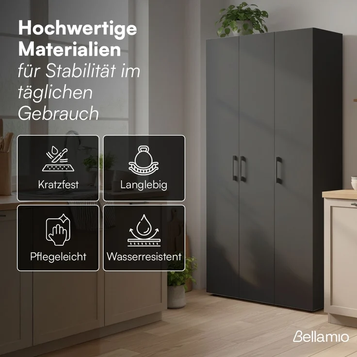 Bellamio 'Apol' Mehrzweckschrank, schwarz, 176x33x90 cm, Putzschrank mit 3 Türen und 5 Regalen, Besenschrank mit Staubsaugerfach – Bild 5