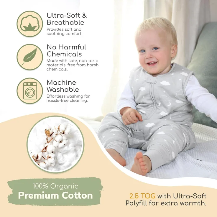 Kleinkind Schlafsack mit Füßen, 2,5 TOG Bio-Baumwolle Baby Schlafsack mit Beinen, Baby Wearable Decken für Walker mit 2-Wege-Reißverschluss, Baby Schlafsack für Mädchen & Jungen, 6-18 Monate – Bild 8