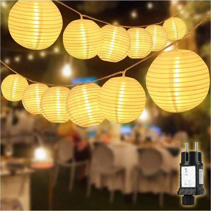 Salcar LED-Lichterkette LED Lichterkette Lampion Außen, Solar-, Batterie-, Steckdosen-Betrieb, 30-flammig, 10M 30 LED-Lampions, Memory, 8 Modi, Timer, Steckerbetrieb