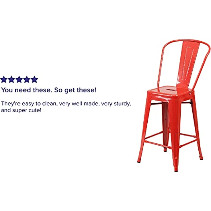 Flash Furniture Lily Hocker in handelsüblicher Qualität, 61 cm hoch, Metall, für drinnen und draußen, mit Abnehmbarer Rückenlehne, Rot, 4 Stück – Bild 7
