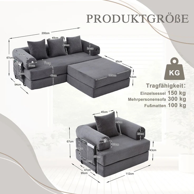 ZUBALIYA Ecksofa 94x67 cm, mit Ablageflächen, mit Cordbezug, mit breiten Armlehnen, modular aufgebaut, mit Schaumstoffpolsterung – Bild 2