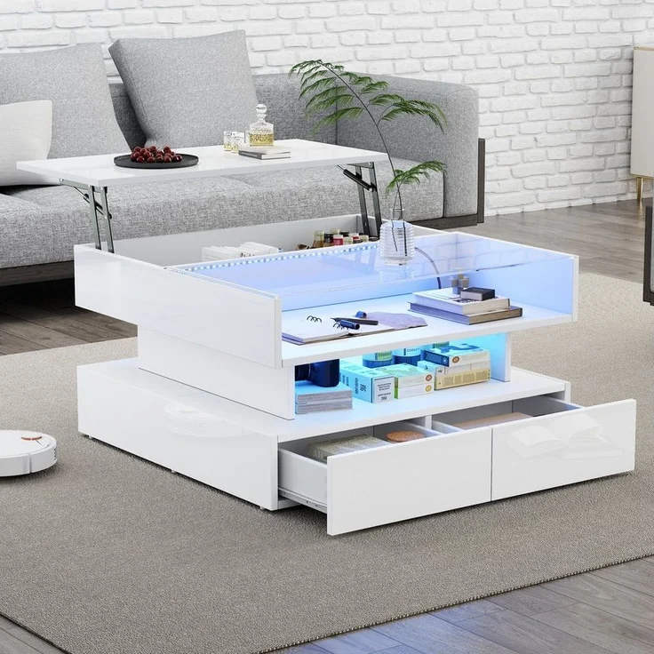 STILVORA Couchtisch mit Schubladen,anhebbarer Wohnzimmertisch Sofatisch mit LED-Leuchten (Wohnzimmertisch, Beistelltisch, 1-St, 80*80*45cm, Spanplatte+gehärtetes Glas), Hochglanz, Höhenverstellbarer Kaffeetisch – Bild 2
