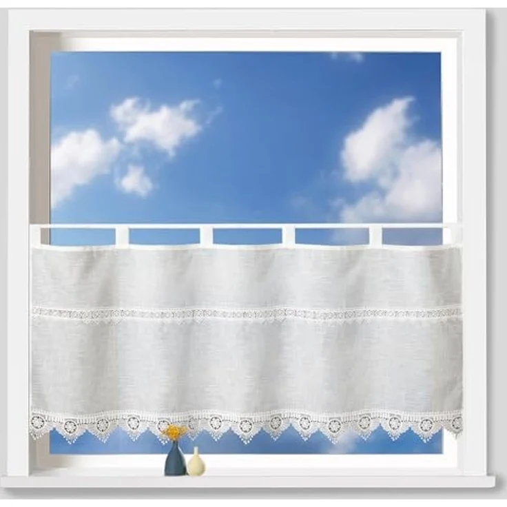 heimtexland Scheibengardine Landhaus Gardine Leinen Optik natur Kurzstore (1 St), Schlaufen, halbtransparent, Polyester, Schlaufen Bistrogardine 45x120 cm I Makramee Borte – Bild 2