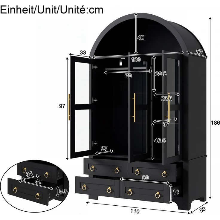 Kleiderschrank 110x50x186 cm mit 3 Glastüren, 4 Schubladen und App-steuerbarer LED-Beleuchtung – Schwarz – Bild 5