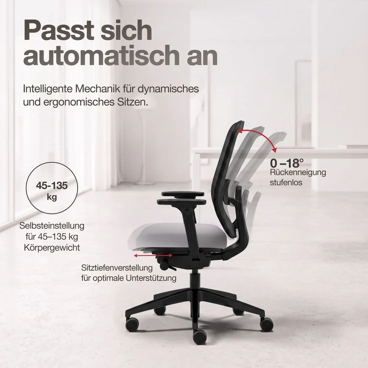 ASSMANN Ergonomischer Bürostuhl Atessa mit Netzrücken Hellgrau 63x53x100cm Textil – Bild 4