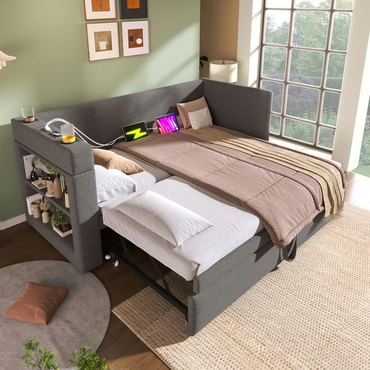 Polstertes Daybett 90x190 cm, Einzelbett Schlafsofa mit Ausziehbett, Armlehnen mit USB- & Type-C-Ladeanschluss und Getränkehalter, Leinen-Mischgewebe, Grau, ohne Matratze – Bild 8