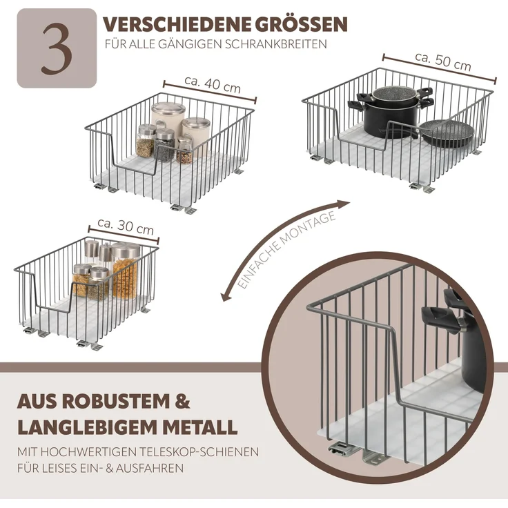 Schrank-Korbauszug für 50 cm Schrank mit Einlegeboden, aus Metall, grau – Bild 6