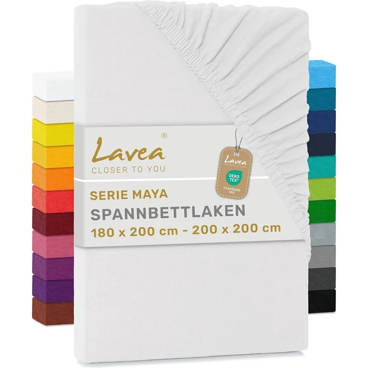 Jersey Spannbettlaken, Spannbetttuch, Lavea Serie Maya, 180x200 cm | 200x200 cm, Weiss, 100% Baumwolle, hochwertige Verarbeitung, mit Gummizug
