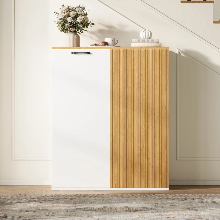 Aktenschrank aus MDF mit Lamellenfront & Soft-Close, 80x40x110 cm, Weiß/Eiche – Bild 3
