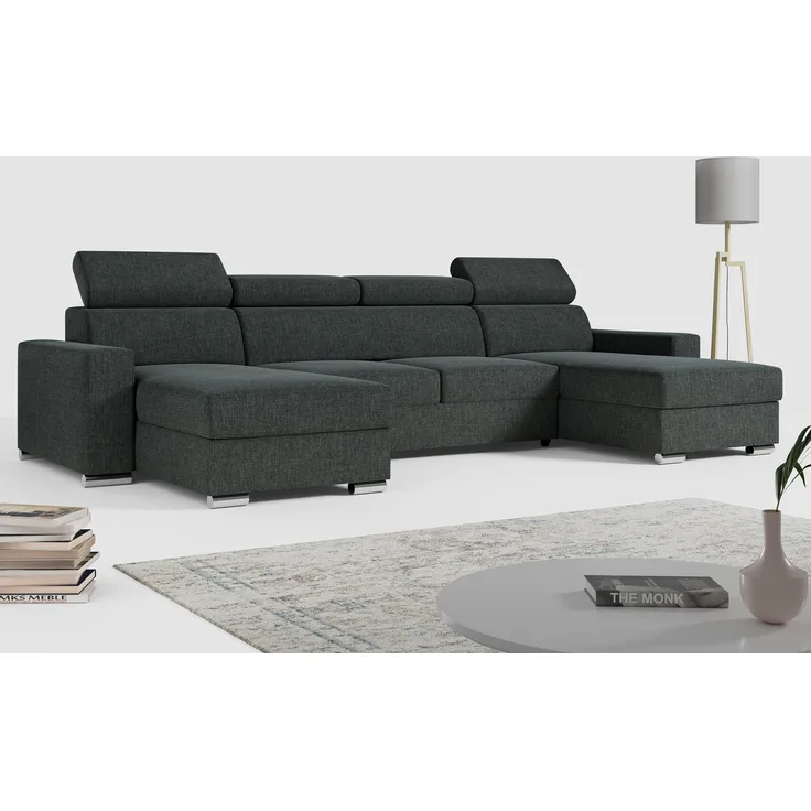 'FOX-U' Ecksofa, U-Form, mit Schlaffunktion und Bettkasten, Dunkelgrau, Stoff