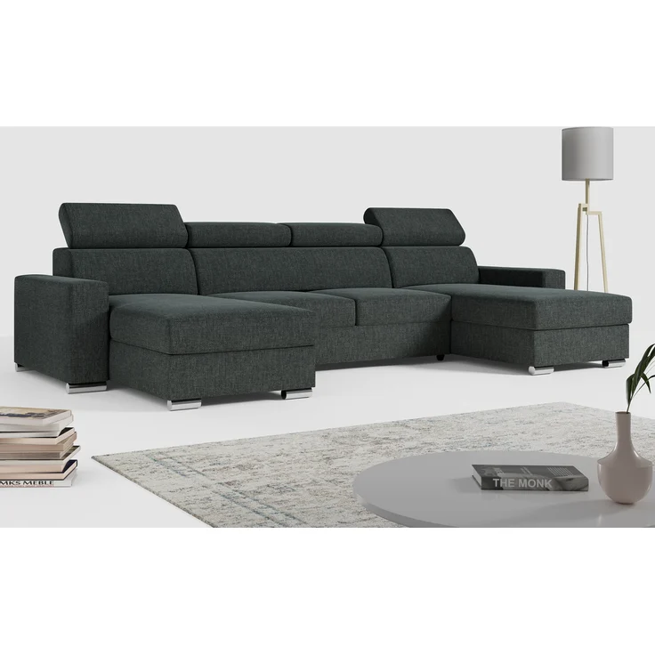 'FOX-U' Ecksofa, U-Form, mit Schlaffunktion und Bettkasten, Dunkelgrau, Stoff – Bild 1