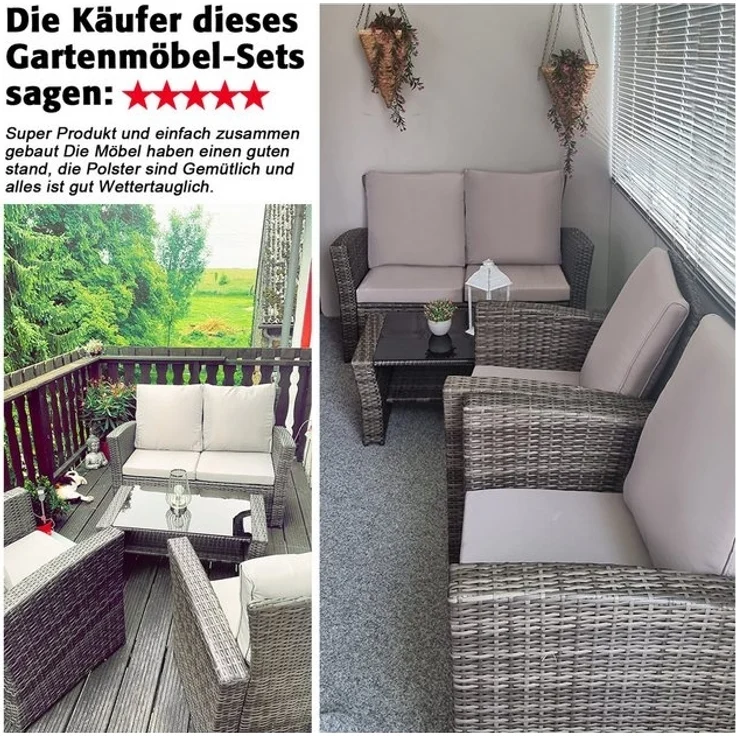 MeXo Gartenlounge-Set Balkonmöbel Set für 4 Personen, (Poly Rattan Gartenmöbel Set, 4-tlg, Lounge-Sets mit 2-Sitzer Sofa, 2 Sessel und Tisch mit Stauraum), wetterfeste Terrassenmöbel Set für kleiner Balkon – Bild 4