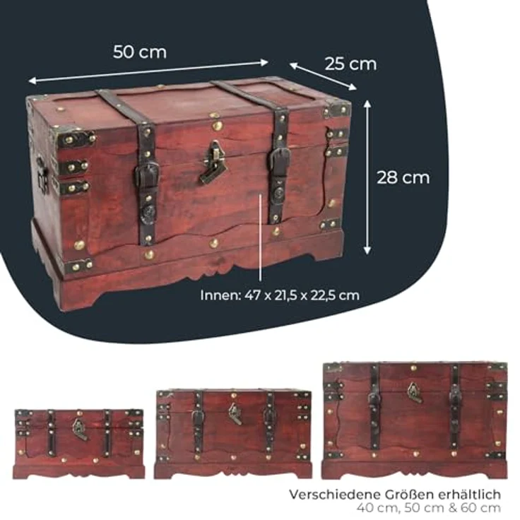 HMF Schatzkiste Schatztruhe Frankreich aus Holz mit dekorativem Metallschloss, handgefertigte Holztruhe 50 x 25 x 28 cm – Bild 6
