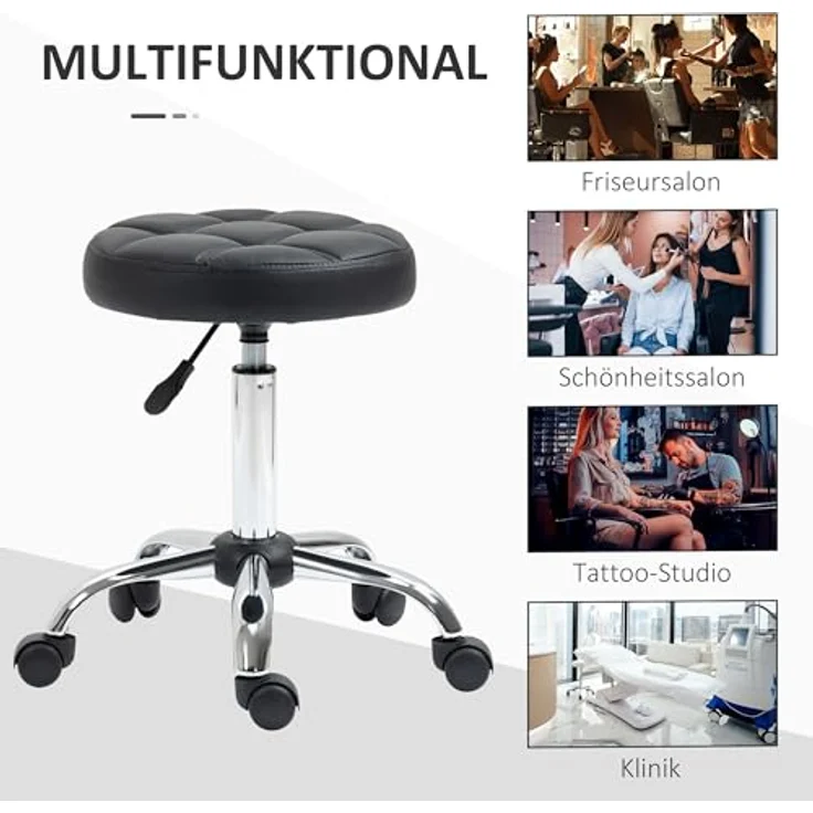 HOMCOM 2er-Set Rollhocker höhenverstellbar, Drehhocker 48-63 cm, Arbeitshocker 360° drehbar, Bürohocker für Büro, Salon, Massage, Spa, Schwarz – Bild 8