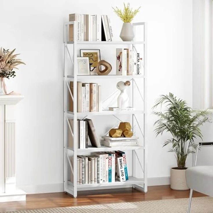 YITAHOME Bücherregal, Standregal mit 5 Ebenen, Hohes Lagerregal mit Metallrahmen, Industrielles Ausstellungsregal, Regaleinheiten, für Wohnzimmer, Schlafzimmer, Homeoffice, Küche, Reines Weiß Regal – Bild 4