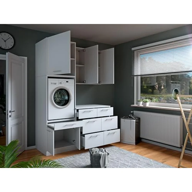 Laundreezy Waschraum Komplett-Set, Weiß - Modulares Schranksystem für Waschküche & Hauswirtschaftsraum - 168 x 238 x 68 cm (B/H/T) – Bild 2