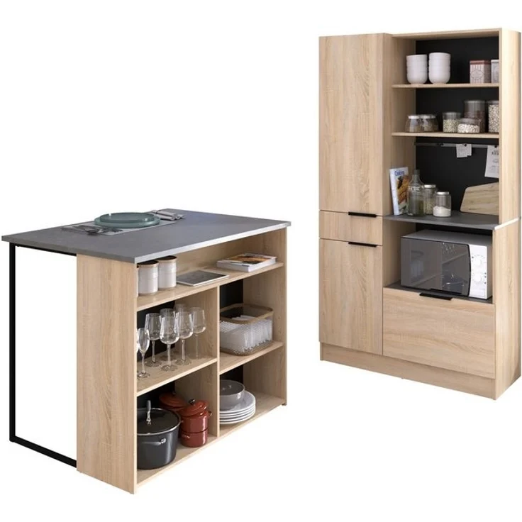 Fumay 2 Küchenbuffet mit Inseltheke – Eiche/Beton – Bild 4