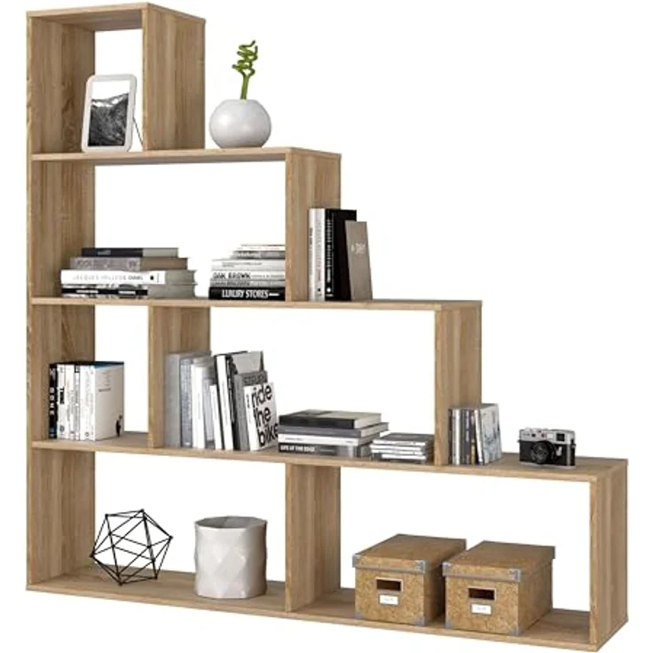 Habitdesign, Bücherregal – dekoratives Regal mit Hochglanz-Finish in kanadischer Eiche, ideal für Wohnzimmer, Büro oder Esszimmer, Maße: 145 x 145 x 29 cm (B x H x T), Modell Klum – Bild 2