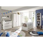 Babyzimmer Mara in Weiß und Eiche Trüffel 8 teilig mit Kleiderschrank, Kinderbett Babybett mit Lattenrost und Umbauseiten, Wickelkommode und Regalen - Kinderzimmer komplett Set von Begabino - MD110700
