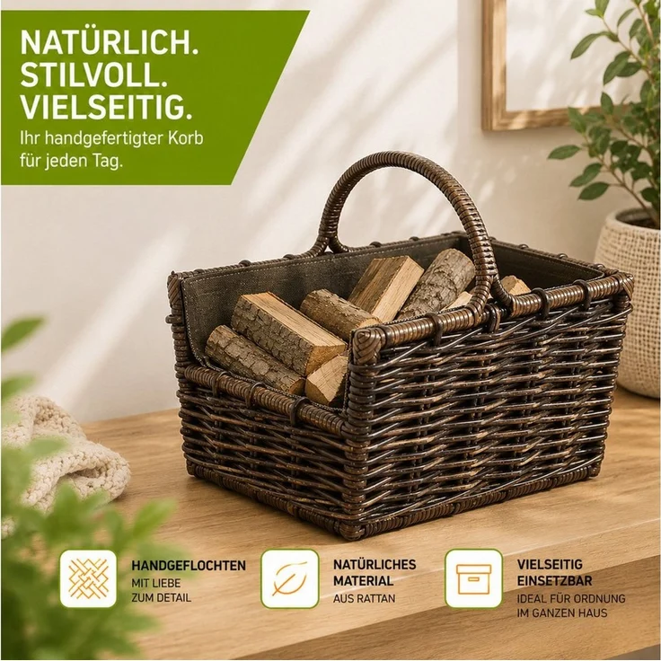 Kobolo Kaminholzkorb Holztrage Krabu Rattan - abnehmbarem dunklen Stoff – Bild 3