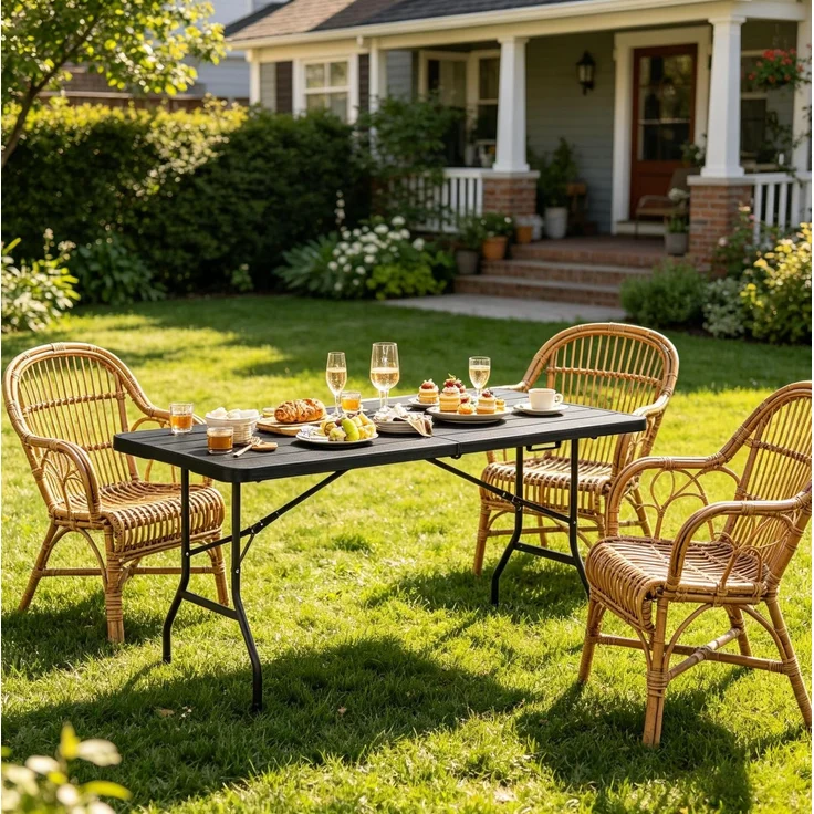 Klapptisch 180 x 74 x 70 cm in Schwarz – faltbarer Gartentisch aus HDPE und Metall für 8 Personen – Bild 2