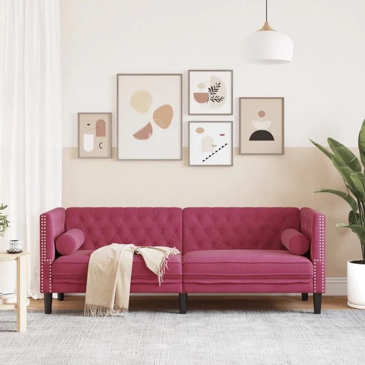 vidaXL Chesterfield-Sofa mit Nackenrollen 3-Sitzer Weinrot Samt 372697 – Bild 2