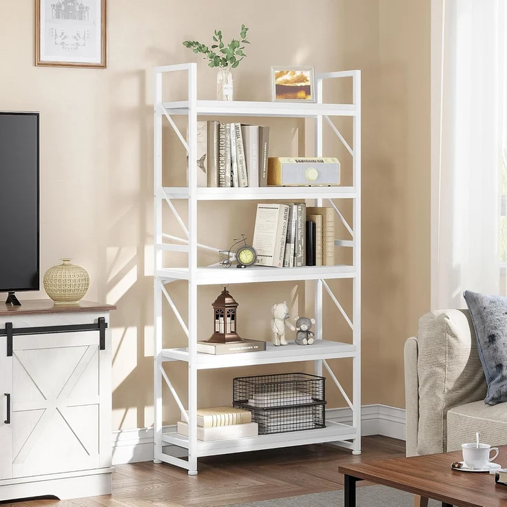 YITAHOME Bücherregal Mit 5 Ebenen - Industrielles Holzregal Mit Metallrahmen, Großes Freistehendes Regal, Präsentationsregal für Wohnzimmer, Heimbüro - Reinweiß – Bild 1