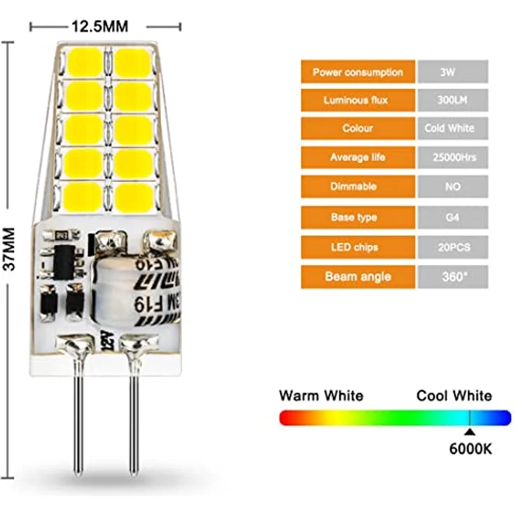 Auting G4 LED Lampen 12V AC/DC,3W LED G4 Birnen 6000K Kaltweiß 300lm, Ersatz für 30W Halogenlampen,Kein Flackern Nicht Dimmbar 360° Lichtwinkel,10er Pack – Bild 5