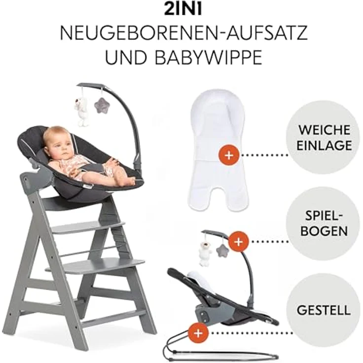 Hauck Alpha Plus Grau Newborn Set Deluxe - Baby Holz Hochstuhl ab Geburt mit Liegefunktion - inkl. Aufsatz für Neugeborene & Sitzpolster - mitwachsend, verstellbar - Grau – Bild 5