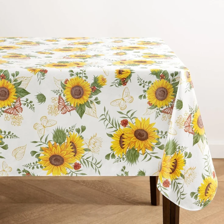 Elrene Home Fashions Sunflower Season Vinyl-Tischdecke mit Blumenmuster, Wasser- und schmutzabweisend, für drinnen und draußen, mit Flanell-Rückseite, 152,4x259,1 cm, rechteckig