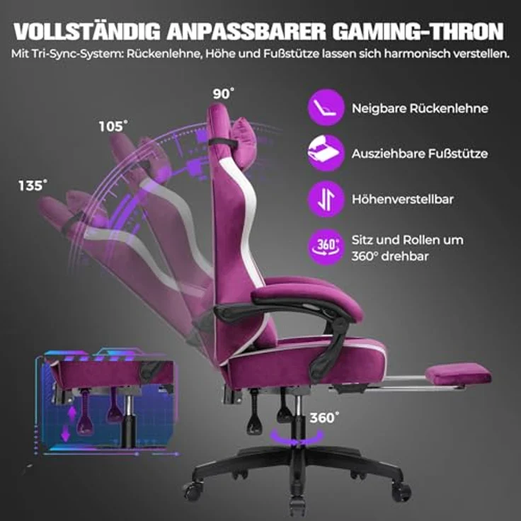 GTPLAYER Gaming Stuhl Ergonomischer, PC Stuhl Atmungsaktiver Stoff, Groß und Hoch Drehbarer Schreibtischstuhl mit Fußstütze,Verstellbare Lendenwirbelstütze und Kopfstütze,Lila – Bild 4
